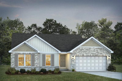 Elevation C with Brick. Rockport Home with 3 Bedrooms