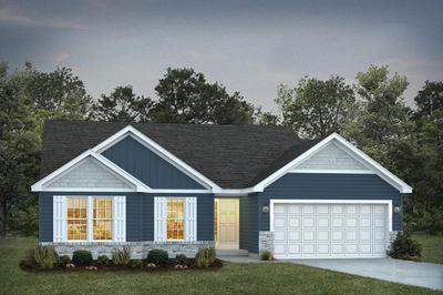 Elevation C with Stone. Rockport Home with 3 Bedrooms